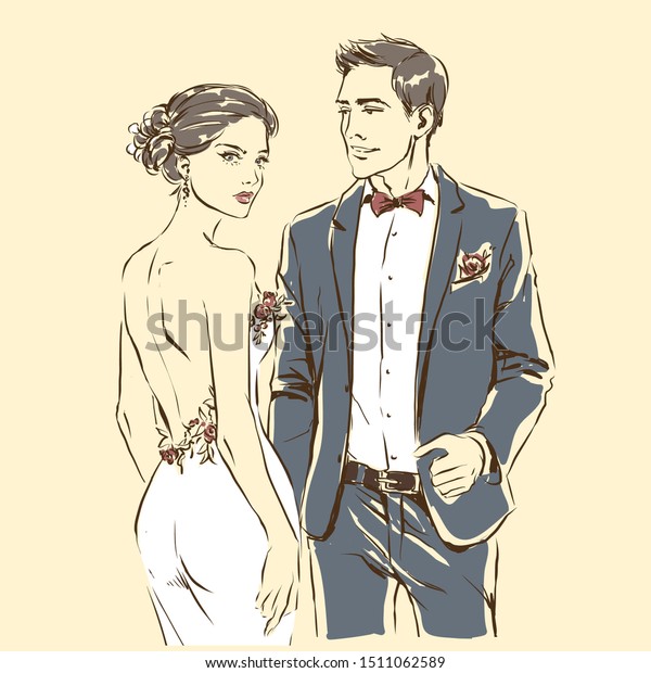 Silhouette Couple Bride Groom Drawing By Royalty Free Stock Image