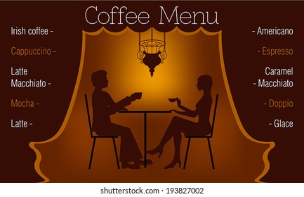 Silhouette of the couple in the cafe 