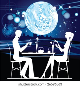 Silhouette of the couple in the cafe. All elements and textures are individual objects. Vector illustration scale to any size.