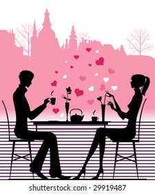 Silhouette of the couple in the cafe. All elements and textures are individual objects. Vector illustration scale to any size.