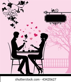 Silhouette of the couple in the cafe.  All elements and textures are individual objects. Vector illustration scale to any size.