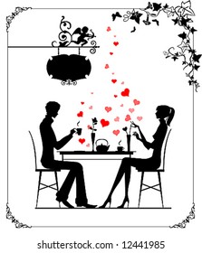 Silhouette of the couple in the cafe. vector illustration