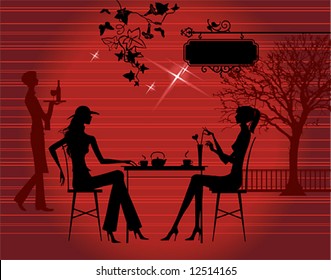 Silhouette of the couple in the cafe, vector illustration