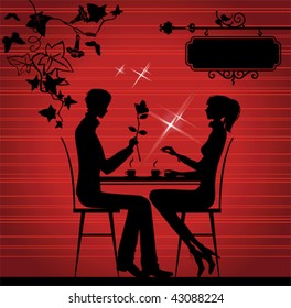 Silhouette of the couple in the cafe. vector illustration