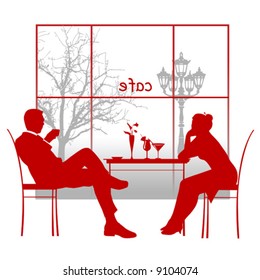 Silhouette of a couple in the cafe. Vector illustration