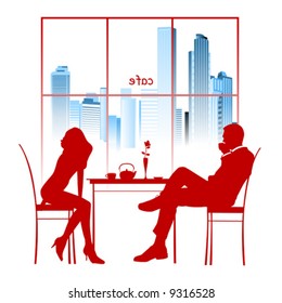 Silhouette of a couple in the cafe. Vector illustration