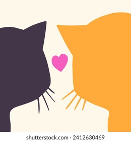 Silhouette couple cat with love mark. Contemporary poster print banner template. Organic doodle shapes in trendy naive hippie 60s 70s style.