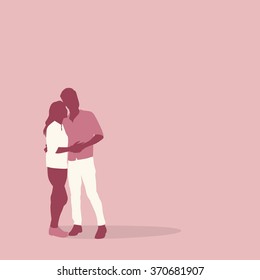 Silhouette Couple Colorful Lovers Embrace Copy Space Flat Vector Illustration