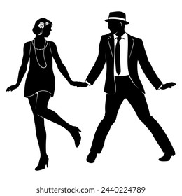 Silueta de pareja bailando Charleston. Las figuras son los objetos separados. Vector clipart aislado en blanco.