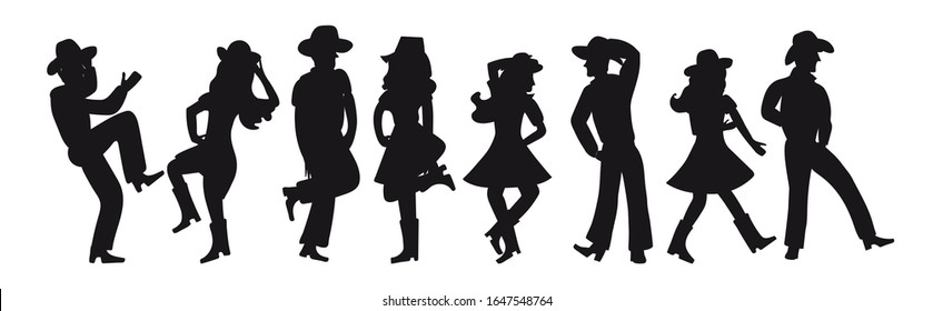 Silhouette of a couple dancing a country western on a white isolated background. All girls and boys are dancing an incendiary American dance. Four funny pairs of people in black. Cowboy hats, boots an