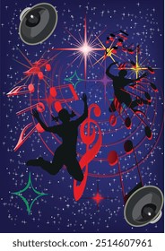 Silhouette of a couple dancing with music notes and speakers on starry night background
