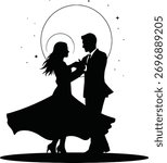 Silhouette of a couple dancing under the moon and stars, isolated on white background.