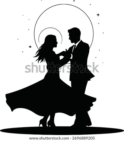 Silhouette of a couple dancing under the moon and stars, isolated on white background.