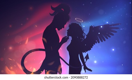 Silhouette of couple devil man and angel woman, concept of love of opposites