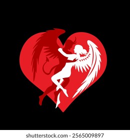Silhouette of couple devil man and angel woman, with heart shape background.
concept of love of opposites. Love concept icons. Logo vector illustration.