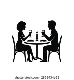 Silhouette of a couple dining romantically at a table with a candle.