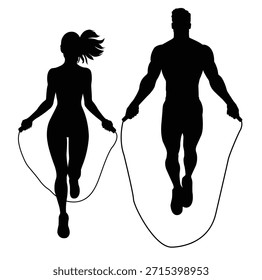 Silhouette of a couple doing exercise with skipping rope