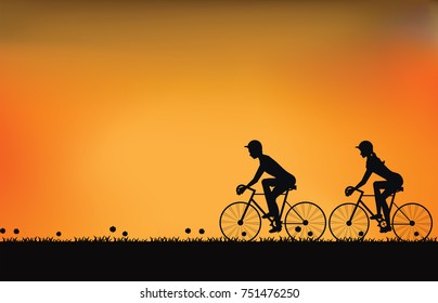 Silhouette of couple driving bike with beautiful sky at sunset , vector illustration.