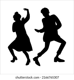 Silhouette of a couple of elderly people dancing a merry dance. Grandpa and grandma are dancing a retro dance. A dance duo. Vector.