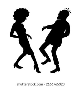 Silhouette of a couple of elderly people dancing a merry dance. Grandpa and grandma are dancing a retro dance. A dance duo. Vector.