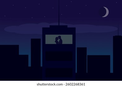 silhouette of a couple embracing with backgrounds of night city buildings