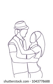 Silhouette Couple Embracing Looking At Each Other, Doodle Man And Woman Hug Over White Background Vector Illustration