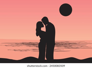 Silhouette of couple embracing and looking  moon on the beach in sunset sky background vector illustration. Love, happy valentine's day, honeymoon and wedding concept
