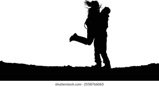 Silhouette of a couple embracing with the woman playfully lifted, set against a stark white background.