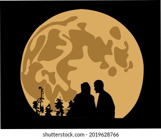 Silhouette of a couple enjoying the beautiful full moon.