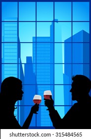 Silhouette of couple facing close to each other and holding wineglasses