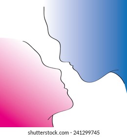 Silhouette of a couple facing each other in love kiss. On White background