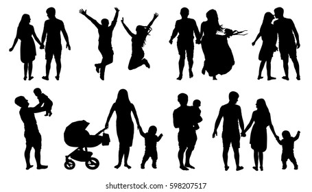Silhouette of couple, family with children, isolated vector set on white background