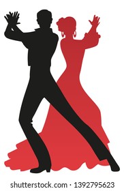 Silhouette of couple of flamenco dancers playing the palms, isolated on white background