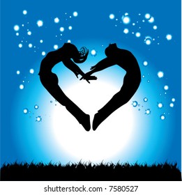 Silhouette of couple in the form of heart on a background of the night sky