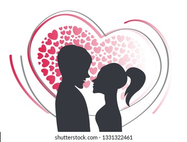 a silhouette of a couple in front of many hearts