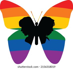 Silhouette of couple gay and butterfly with rainbow color behind. LGBT symbol in art illustration concept
