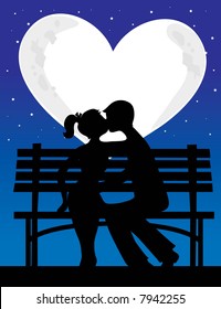 A silhouette of a couple with a heart shaped moon behind them