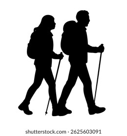 silhouette of a couple hiking with backpacks and poles, perfect for outdoor and adventure themed designs