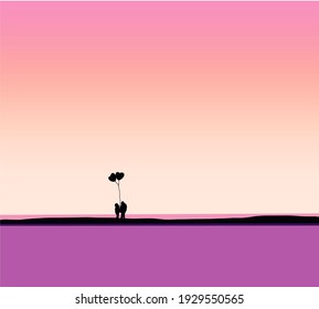 Silhouette couple holding hand with heart shape balloon on the sunset sky and sea background. Beach. Concept. Valentines day.