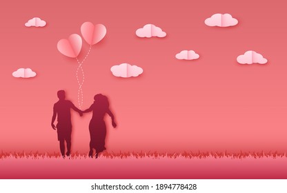 Silhouette couple holding hand running with heart shape balloon in paper cut design