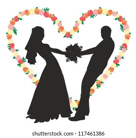 "silhouette of a couple holding hands in the heart of roses"