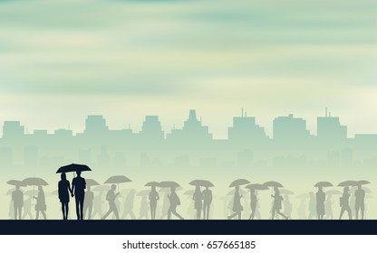 Silhouette Couple Holding Hands In Rain With Umbrella On Street And City Skyline Background