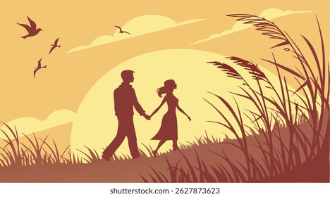 "Silhouette of Couple Holding Hands in Tall Grass at Sunset"