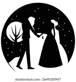 A silhouette of a couple holding hands under a starry night sky. The man wears a suit and the woman wears a flowing dress. A stylized tree is visible in the background.