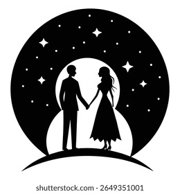 A silhouette of a couple holding hands under a starry night sky within a circular frame.