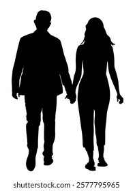 Silhouette of couple holding hands and waking away. Back view. Full length. Black and white vector illustration.