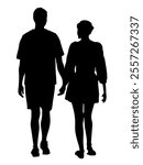 Silhouette of couple holding hands and walking away. Wear shorts. Back view. Black vector illustration isolated on white background.