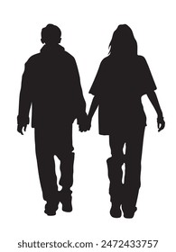 Silhouette of couple holding hands and walking away. Back view. Black vector illustration isolated on white background.