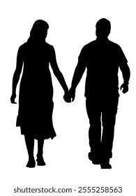 Silhouette of couple holding hands and walking away. Back view. Black vector isolated on white background.