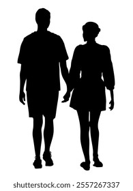 Silhouette of couple holding hands and walking away. Wear shorts. Back view. Black vector illustration isolated on white background.